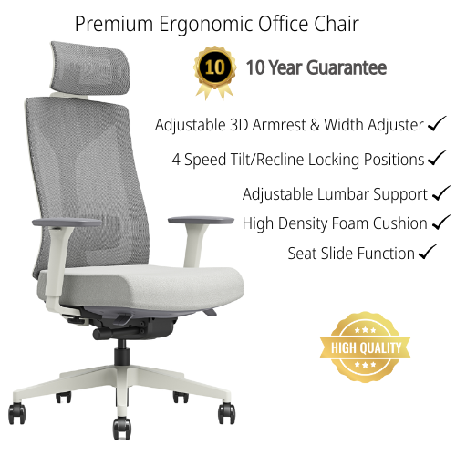 Grey mesh ergonomic office chair with adjustable headrest, 3D armrests, lumbar support, and white five-star base; features listed include seat slide, tilt lock, and high-density foam cushion